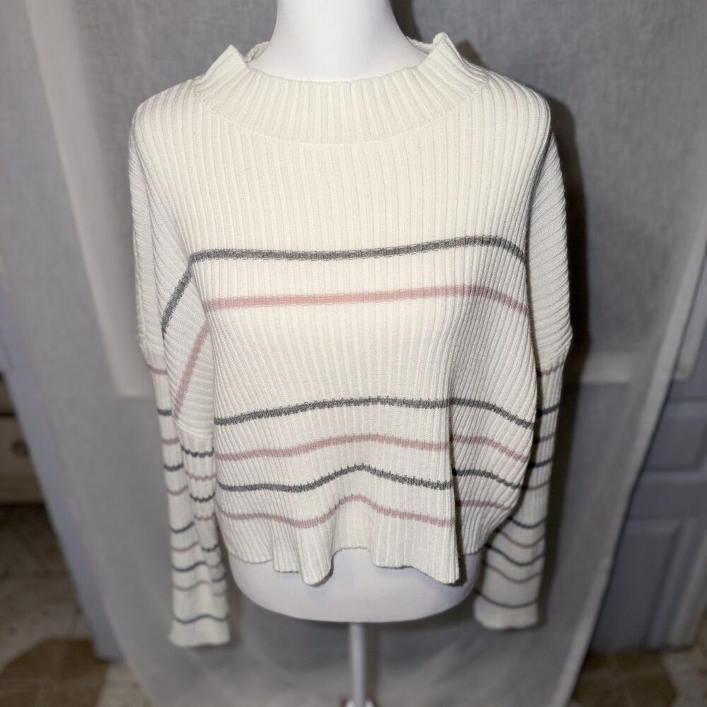 Cream Striped Cropped Sweater Size S Preppy Ribbed Knit